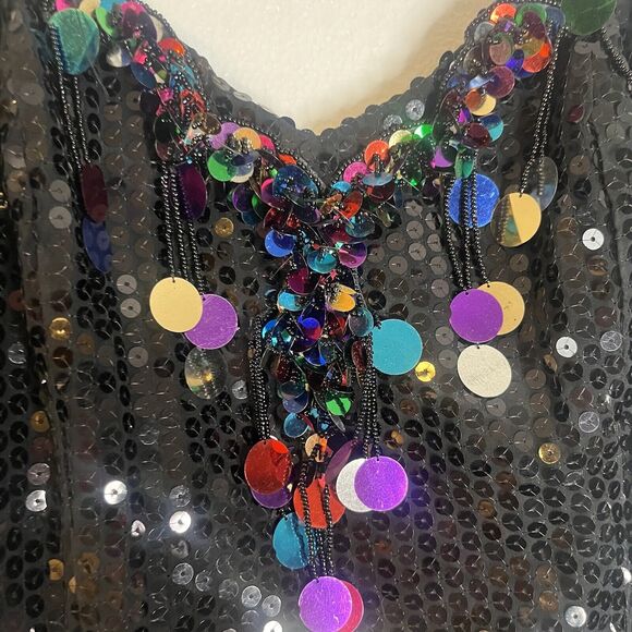 Vintage J Reynold Designs Atlanta Black Sequin Spaghetti Strap Fringe Dress 9/10 - Picture 7 of 8